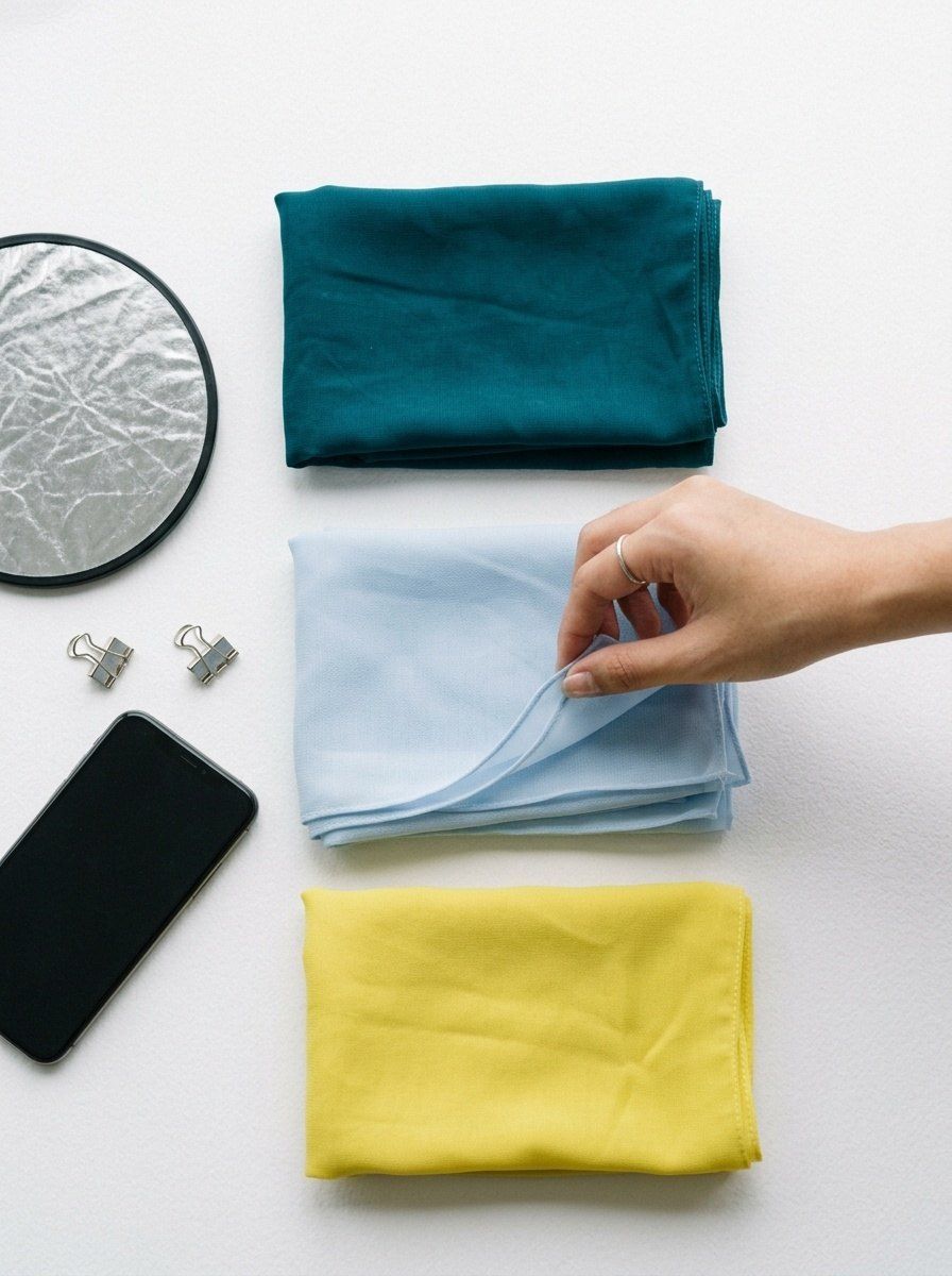 Flat-lay product shoot of folded tudung in teal and sky blue with a small reflector and clips