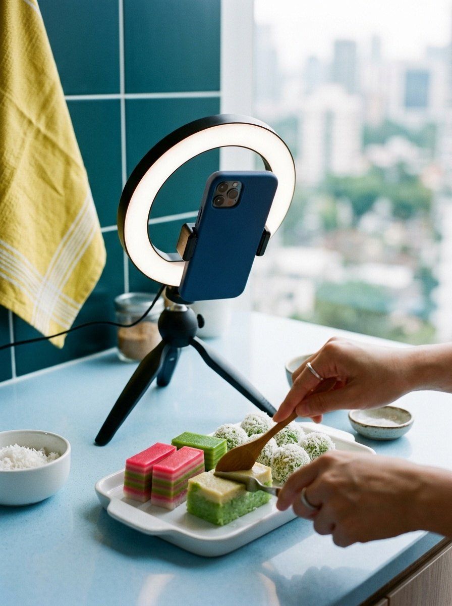 A phone on a ring light filming a tray of colourful kuih lapis and onde-onde on a kitchen counter