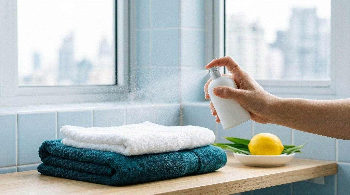 A hand spraying a home fragrance bottle above folded towels on a bright bathroom shelf
