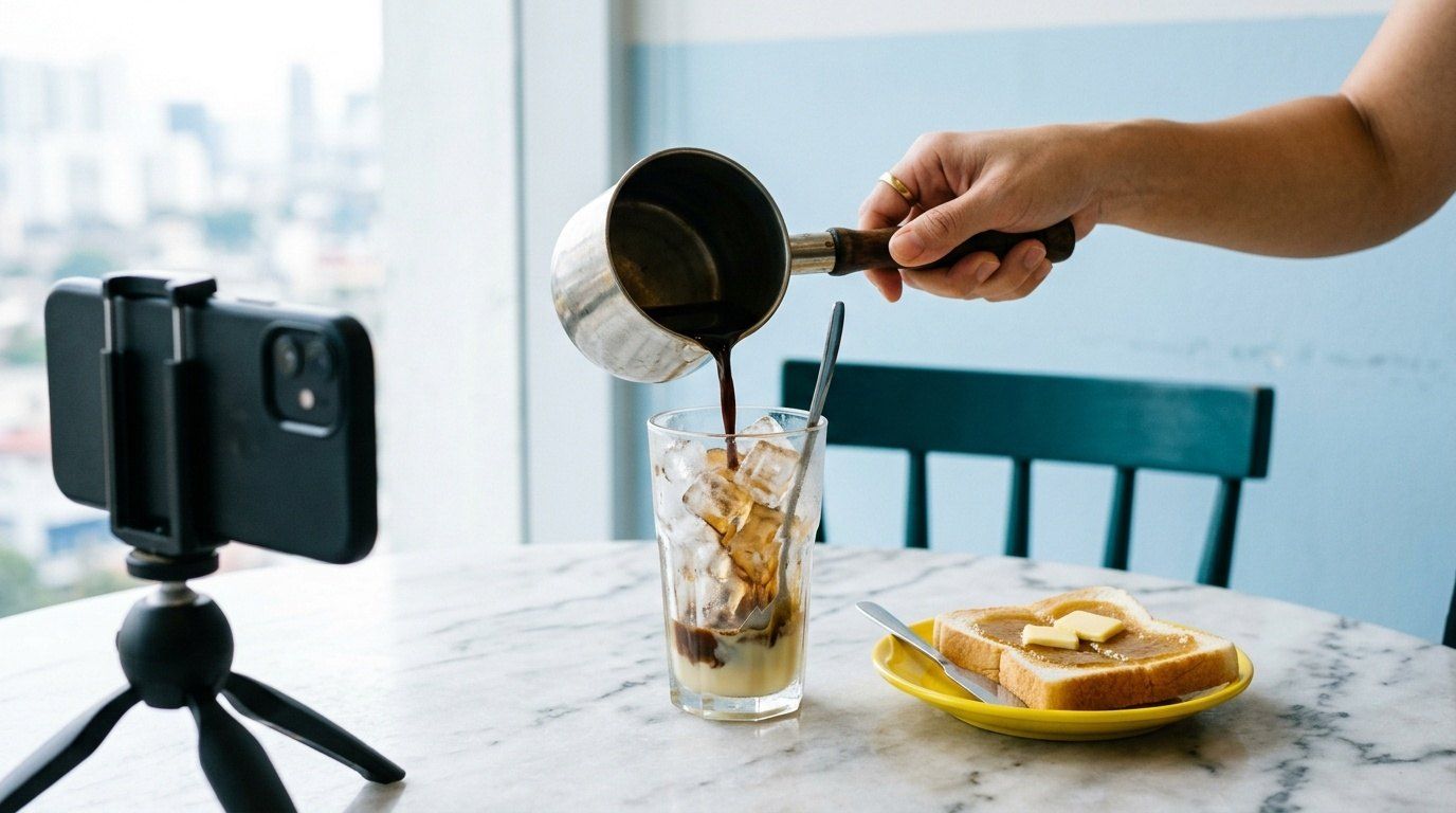 Iced kopi being poured over ice in a clear glass on a marble kopitiam table, shot for a short video