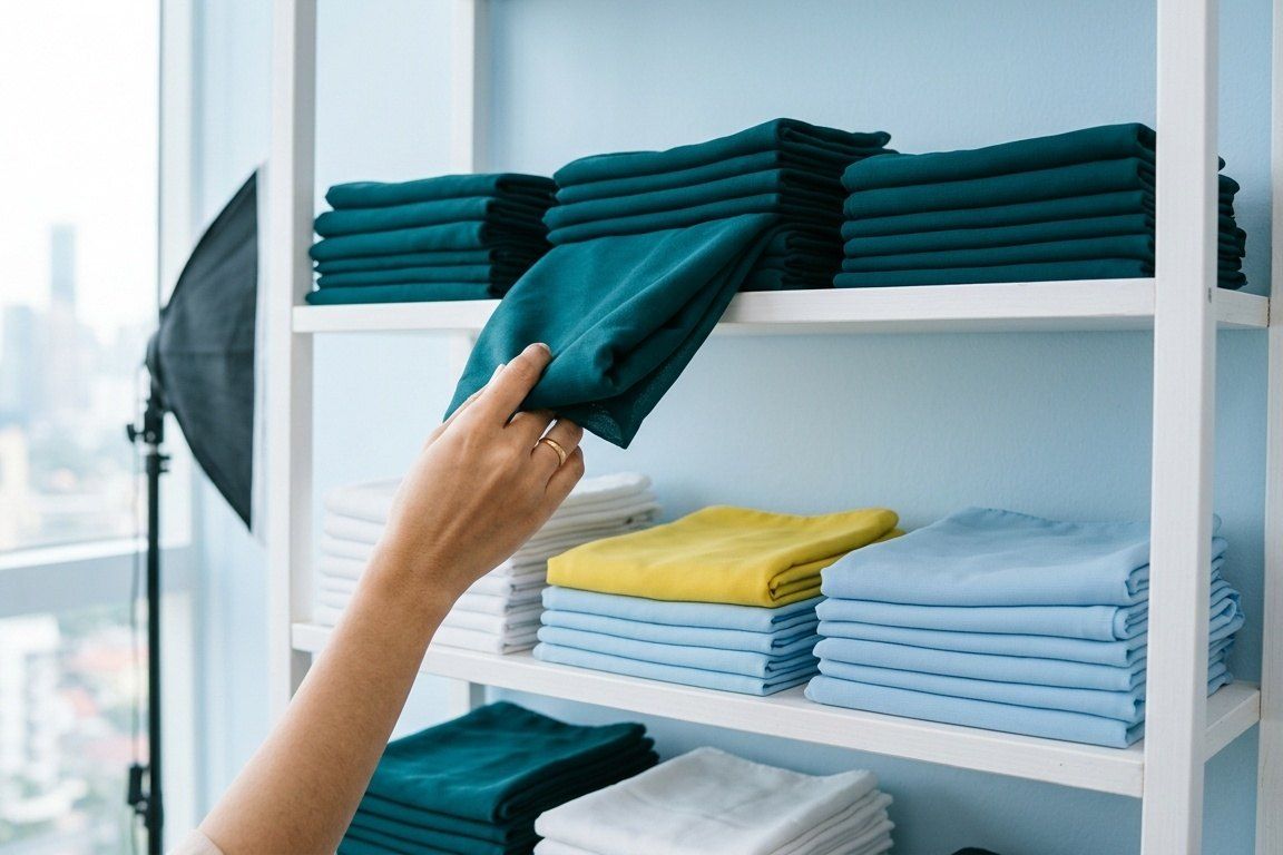 Rows of folded tudung in teal, sky blue and lemon on a white shelf, lit for a marketplace shoot